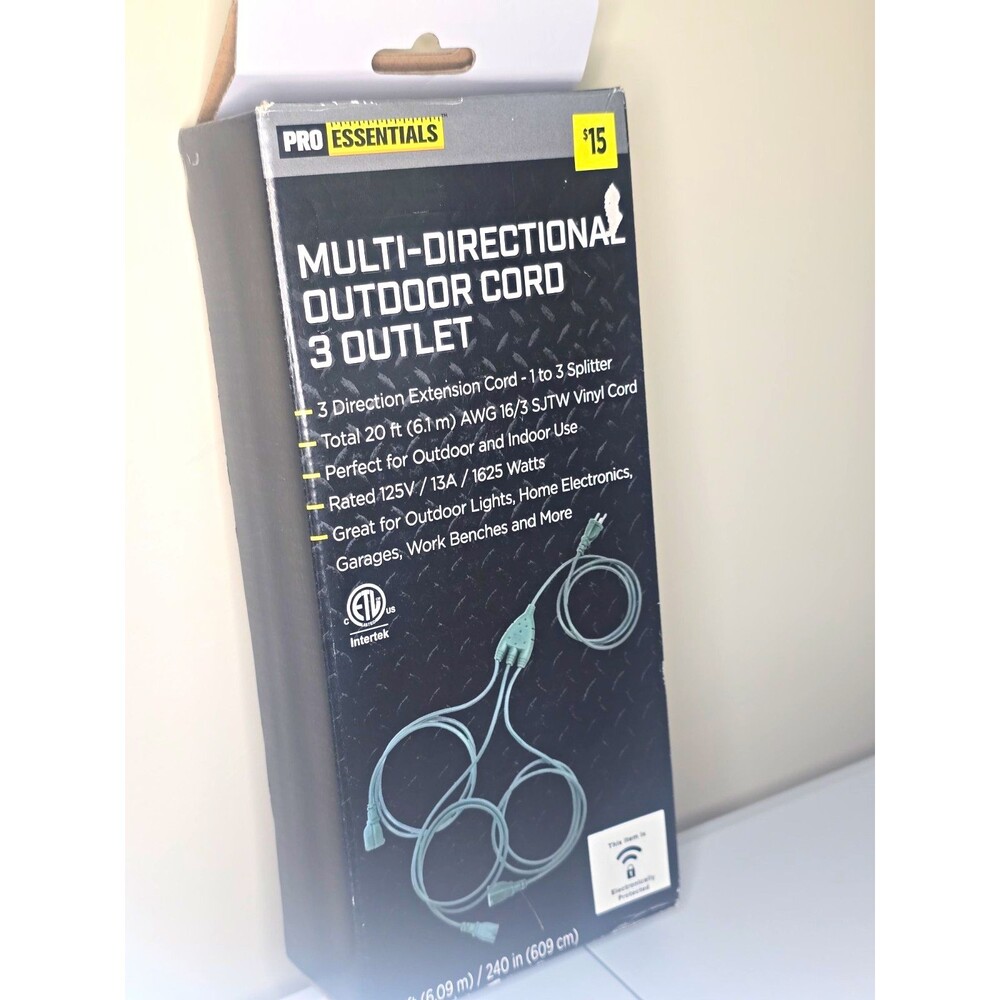 Pro Essentials 20ft Outdoor 3-Outlet 1-to-3 Splitter Cord 125V Gray Vinyl B5